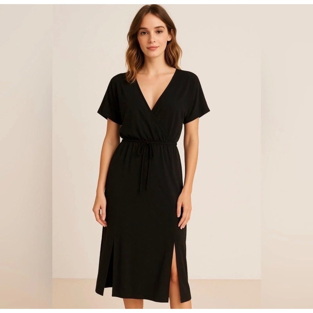 Z Supply Maryn Midi Dress Black Short Sleeve Faux Wrap V-Neck Small NWT